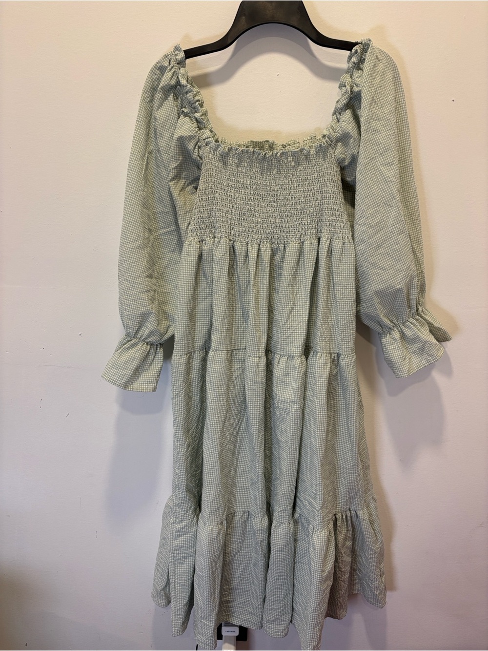 Smocked Square Neck Puff Sleeve Midi Dress in Sage Gingham